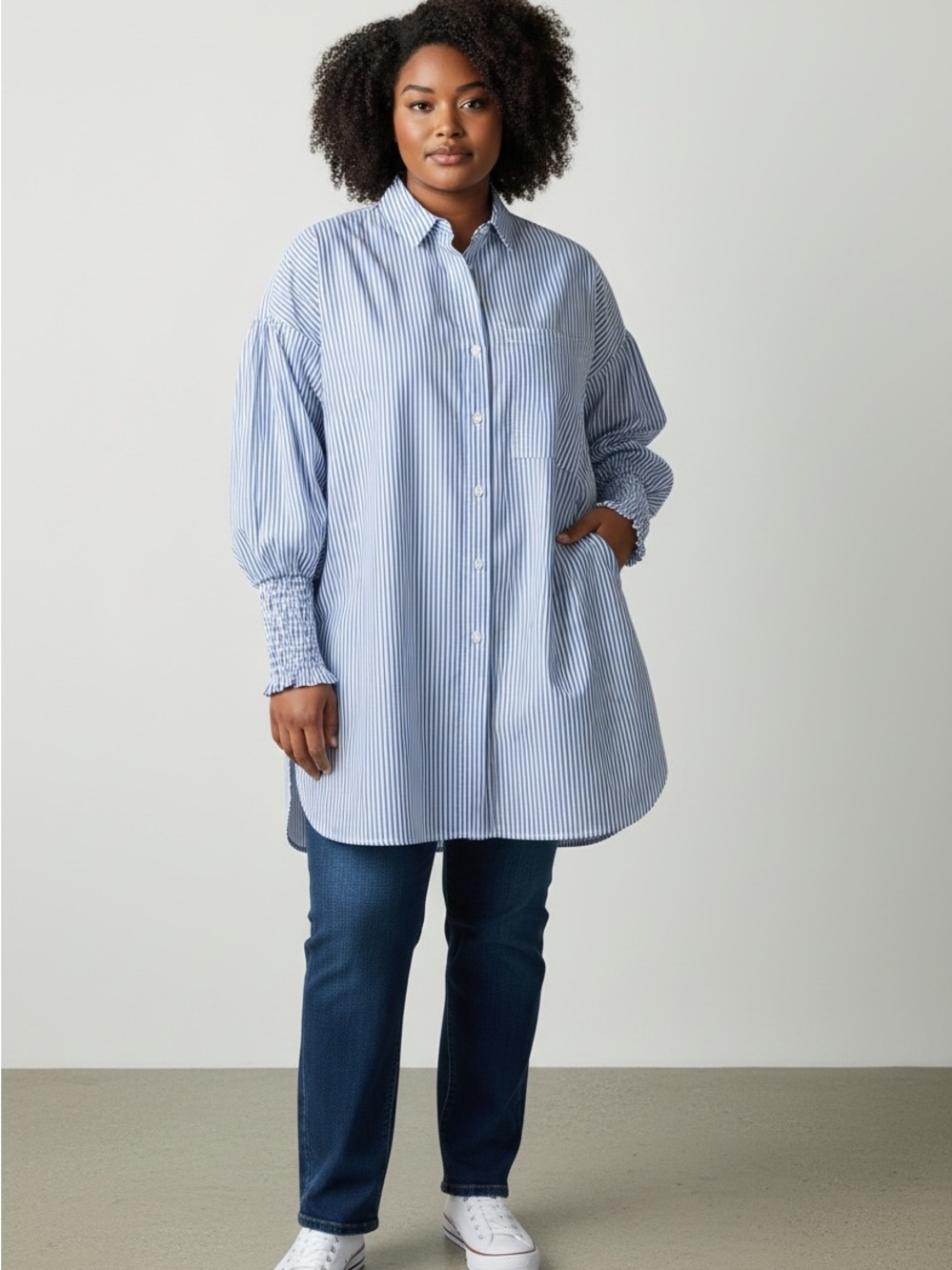 Women's Asvivid Blue and White Pinstripe Relaxed Button-Down Shirt Size Xl